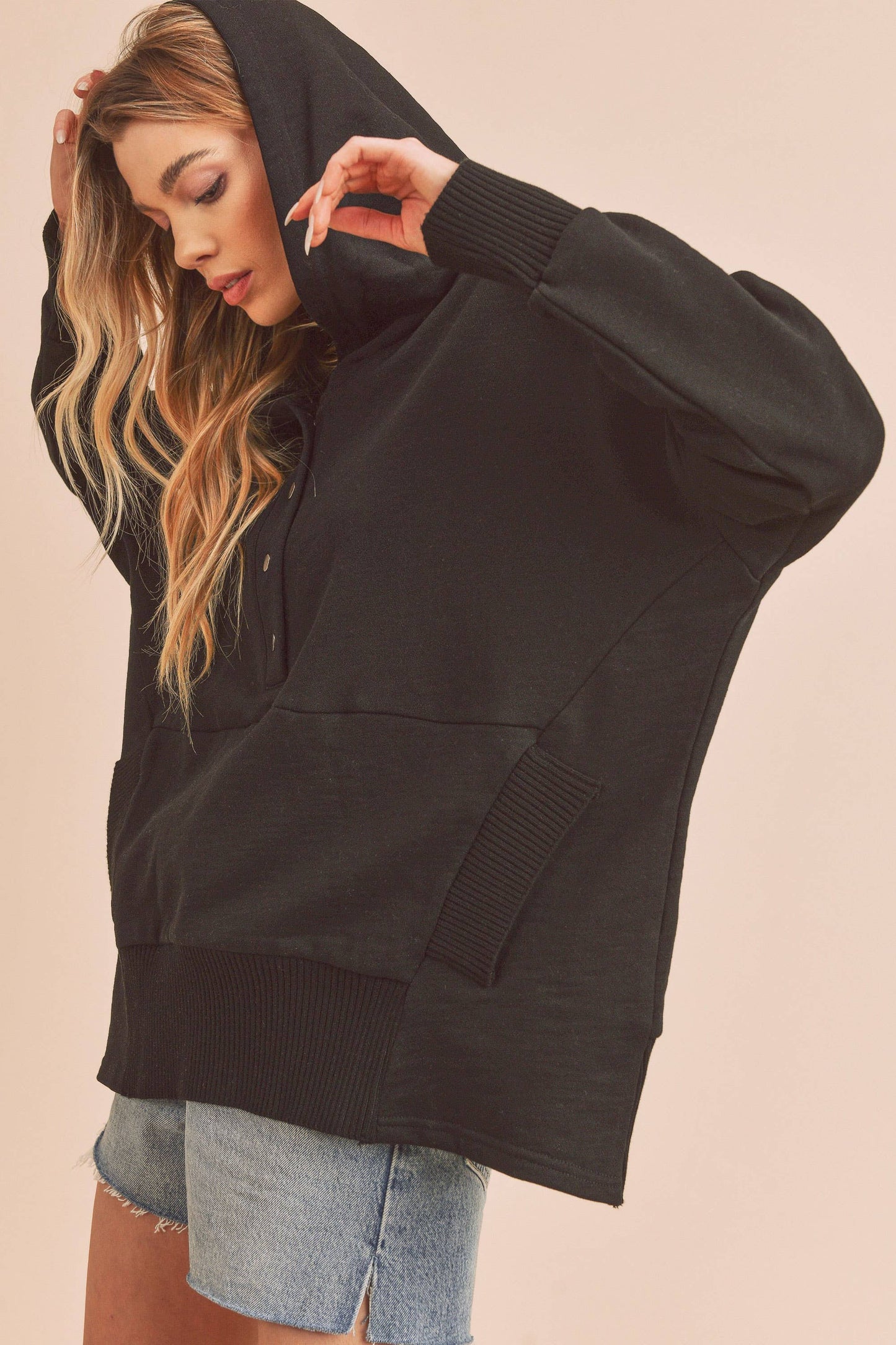 Beige Vivi Hoodie Pullover with Front Pouch Pocket and Thumb Hole Cuffs