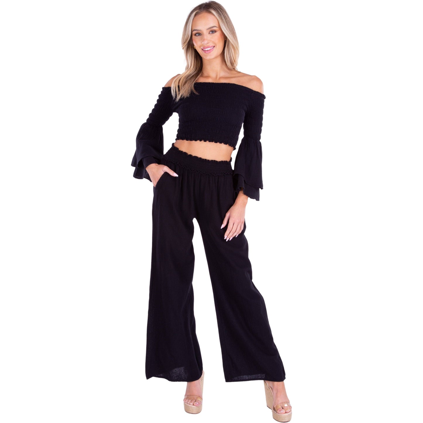 Black Smocked Waist Cotton Wide Leg Pants-131379