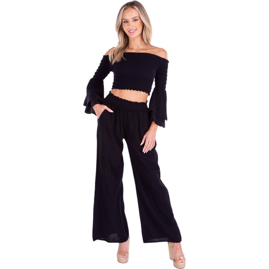 Black Smocked Waist Cotton Wide Leg Pants-131379