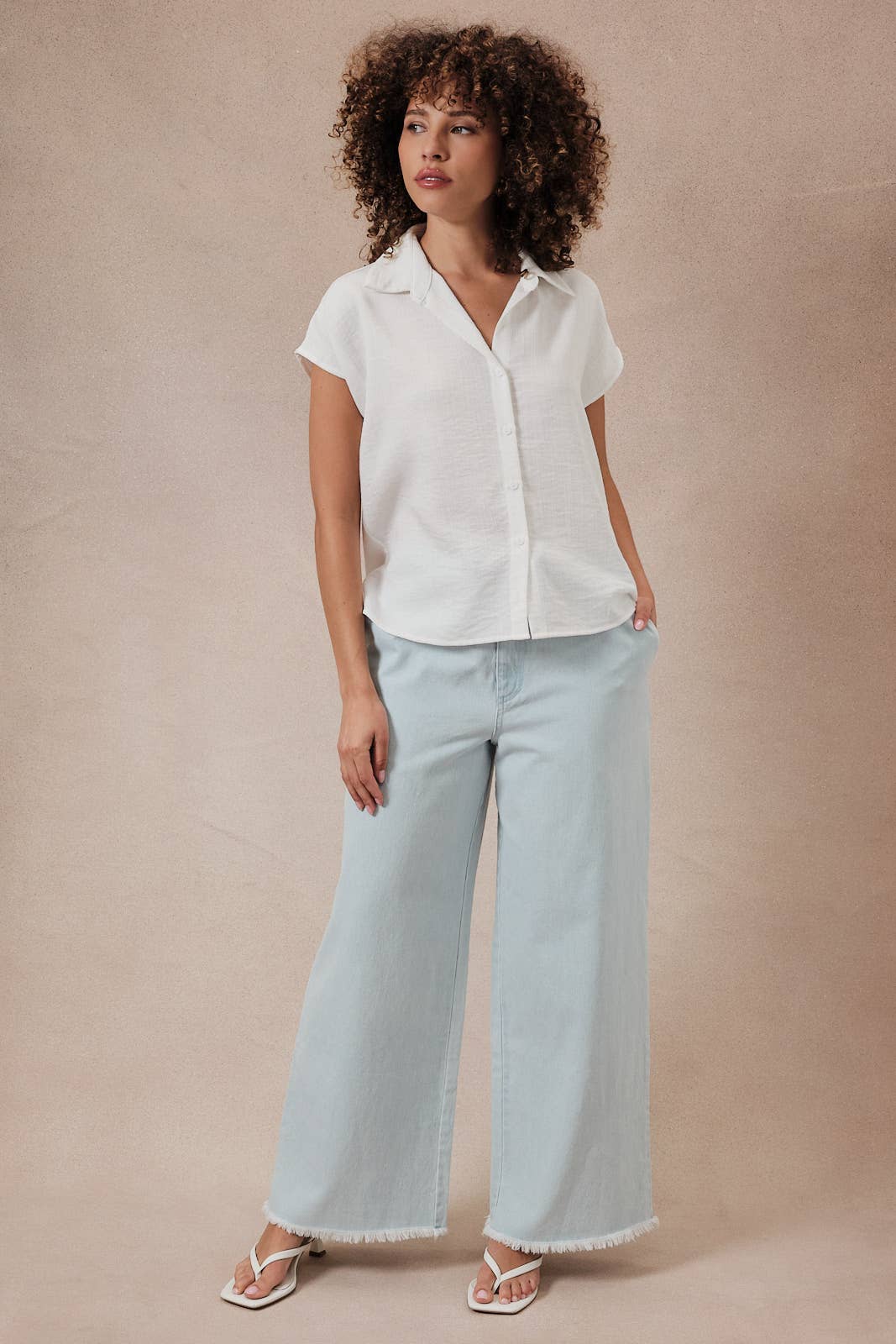 Washed Denim Twill Wide Leg Pants w/ Frayed Hem-136798