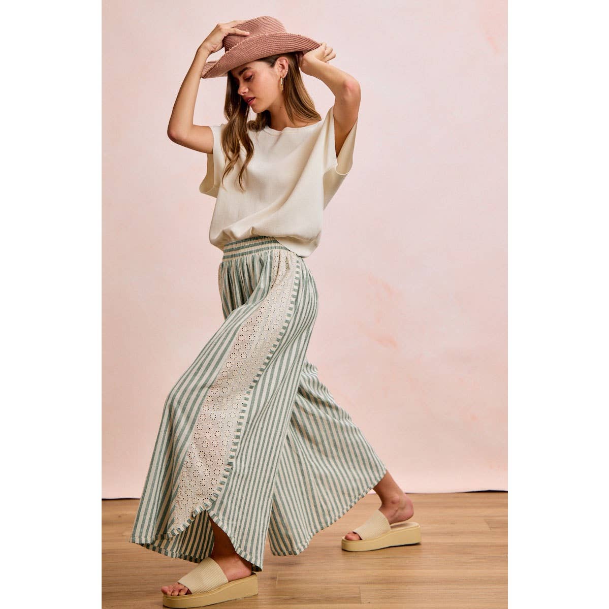 Black and White Stripe and Eyelet Side Wide Leg Pants-131889
