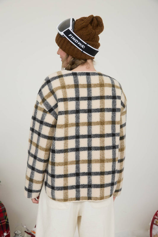 Cream Cozy Plaid Button Down "Teddy" Sherpa Jacket