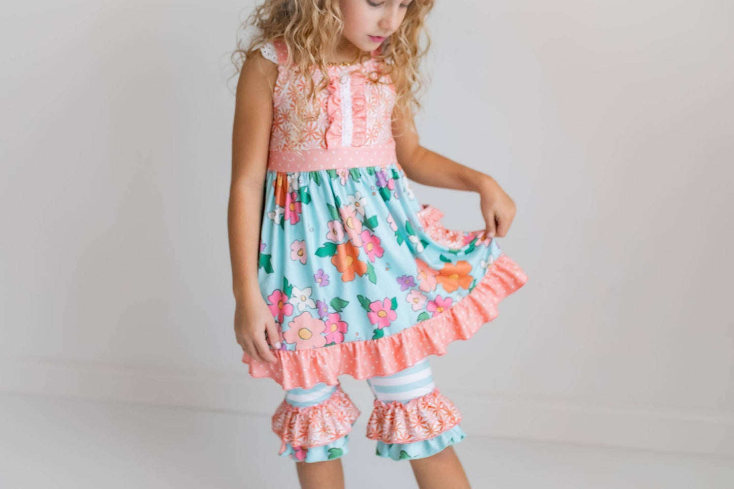 Girls Peach & Teal Floral Stripe Ruffle Lace Top and Capri Set-173611