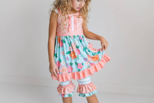 Girls Peach & Teal Floral Stripe Ruffle Lace Top and Capri Set-173611
