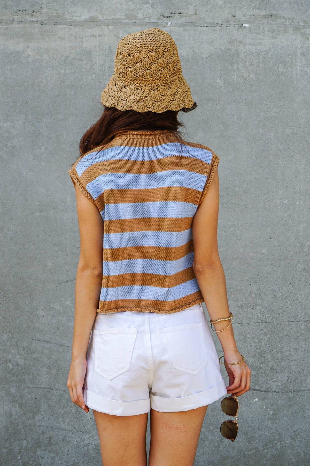 Mocha and Blue Striped Nautical Button Knit Vest-211221