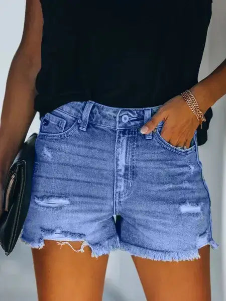 High-Rise Distressed Stretch Denim Shorts
