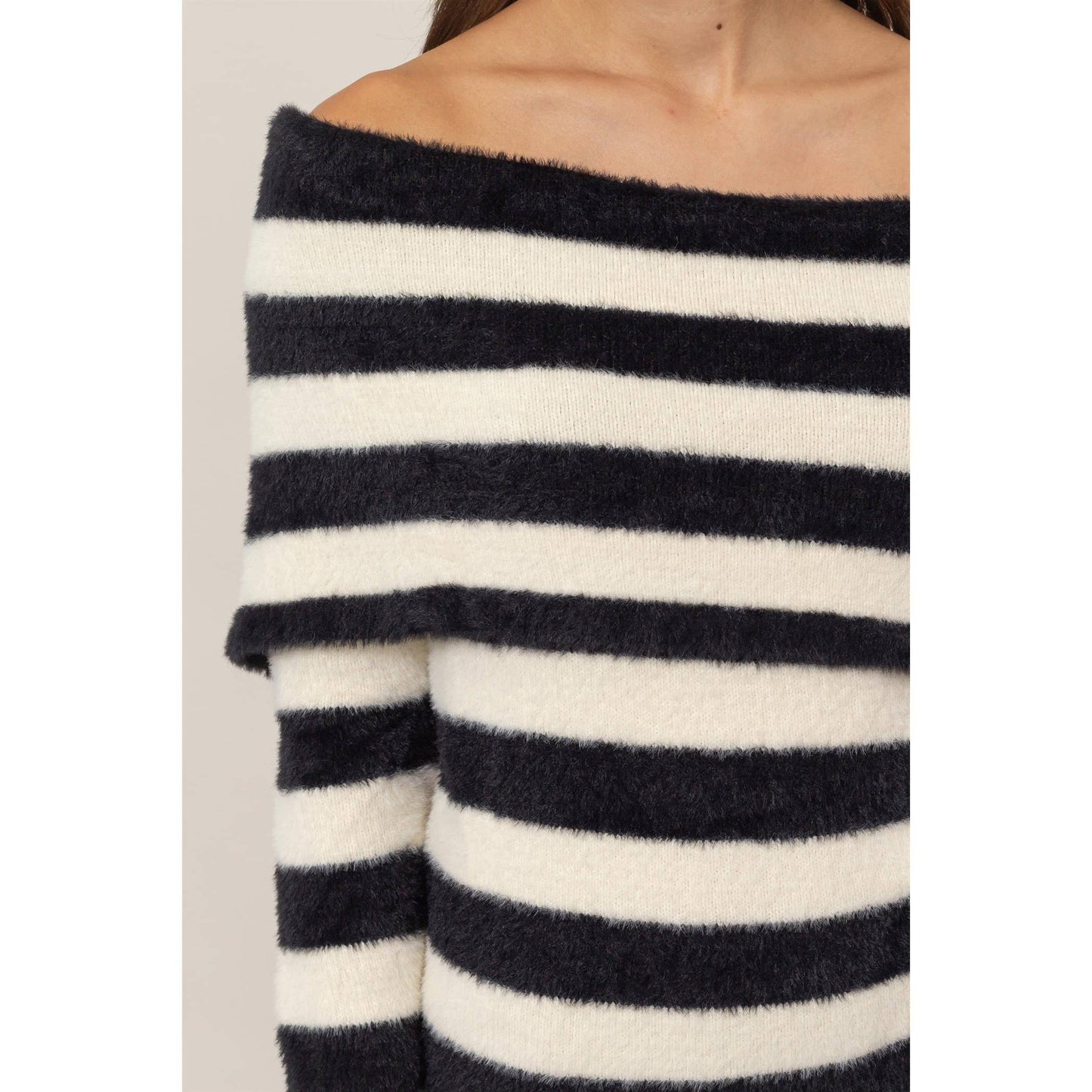 Black & White Cashmere Like Striped Off-Shoulder Sweater