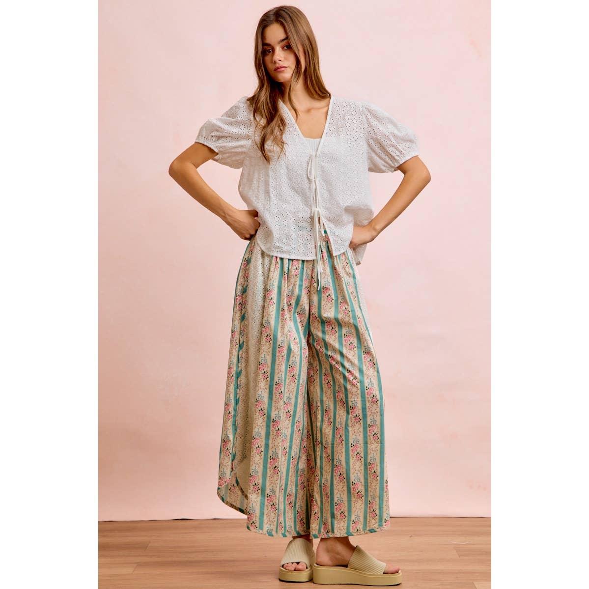 Teal w/ Pink Floral Eyelet Side Wide Leg Pants-141889