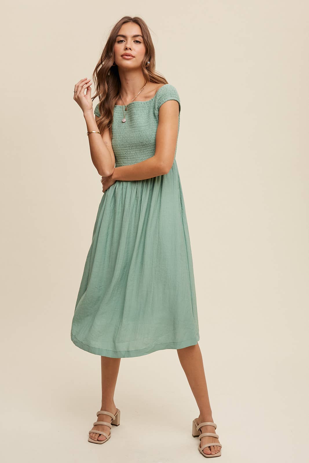 Jade Green Ruched Bodice Midi Dress- 121343