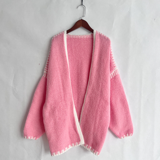 Pink with White Thick Stitched Detail Slouchy Knitted Cardigan