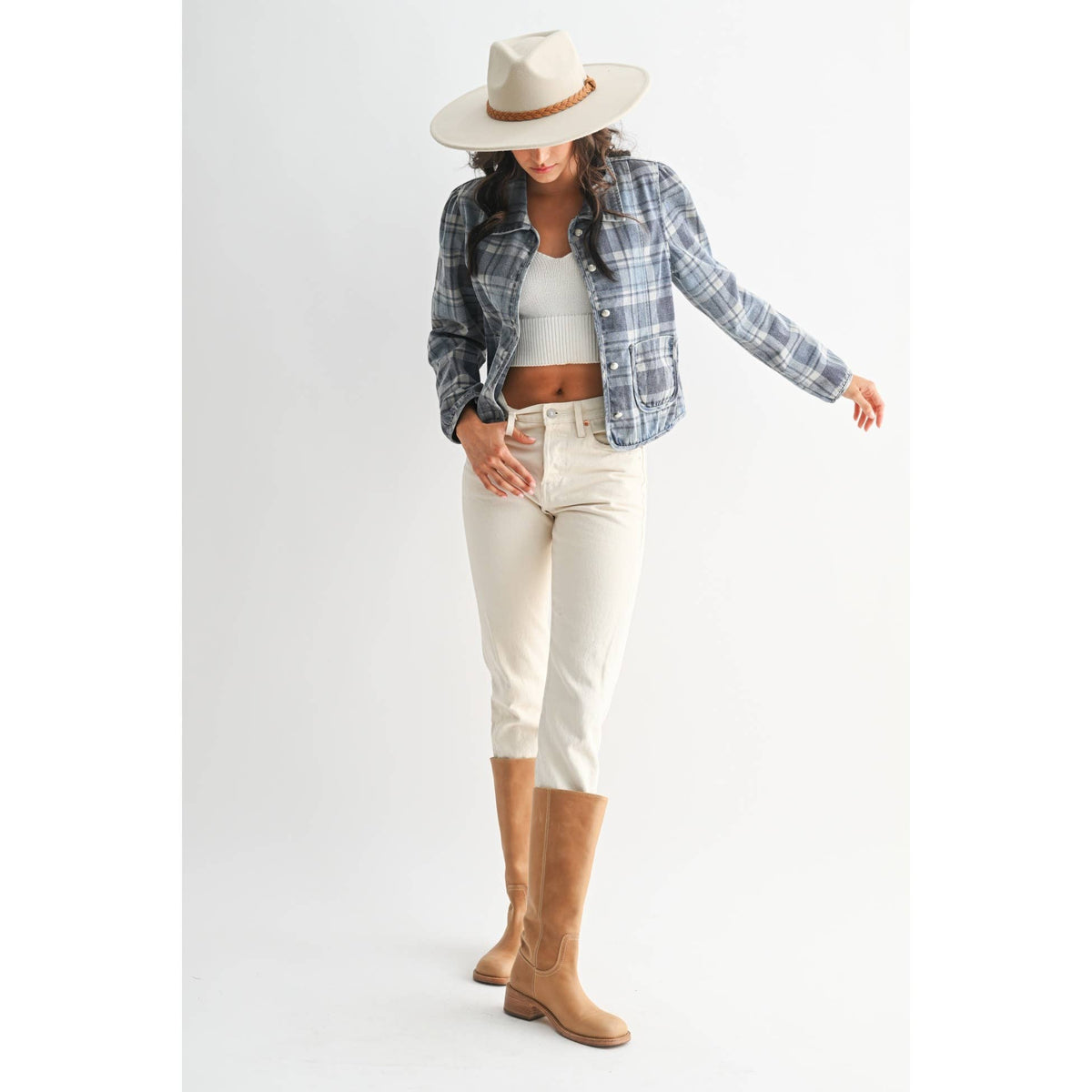 Blue Wash Denim Plaid Button-Front Jacket - 166324