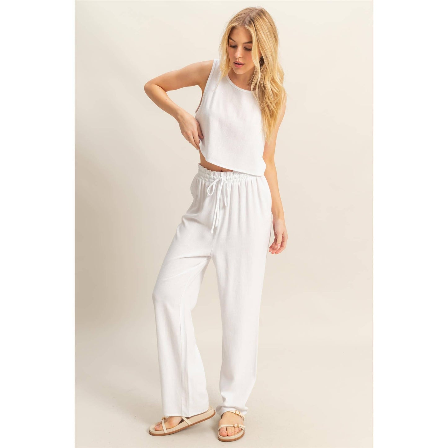 Off White Cropped Tank Top And Pants Set