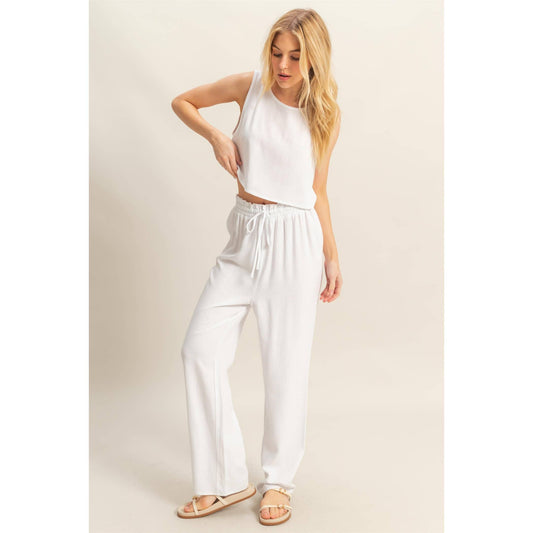 Off White Cropped Tank Top And Pants Set
