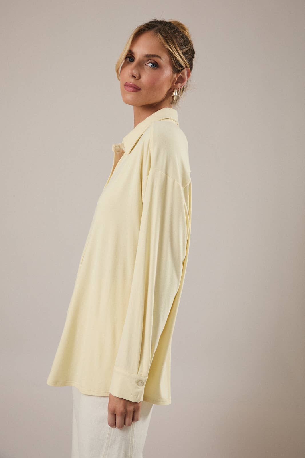 Soft Yellow Jersey Button Down  Shirt -142077