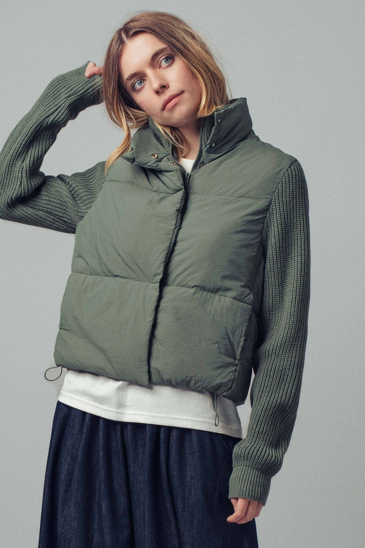 Olive Sweater Knit Sleeves Light Puffer Zipper / Snap Jacket