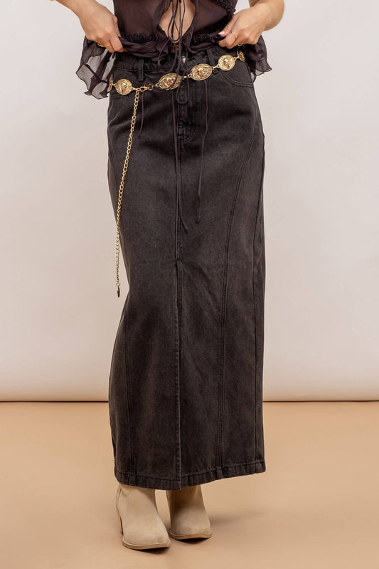 Long Black Denim Pencil Skirt