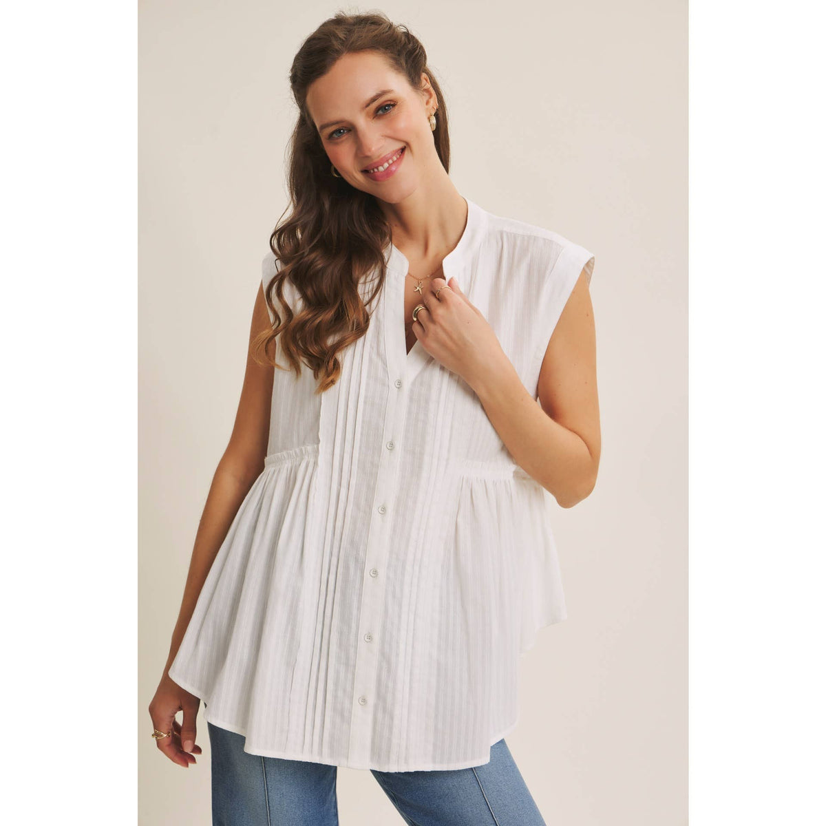 White Cotton Pleated Button Down Tunic Shirt- 142947
