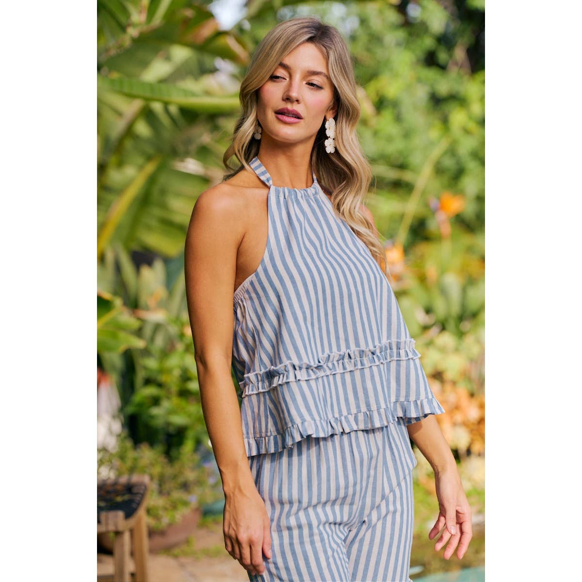 Light Blue Stripe Ruffles Detail Halter Top-145258