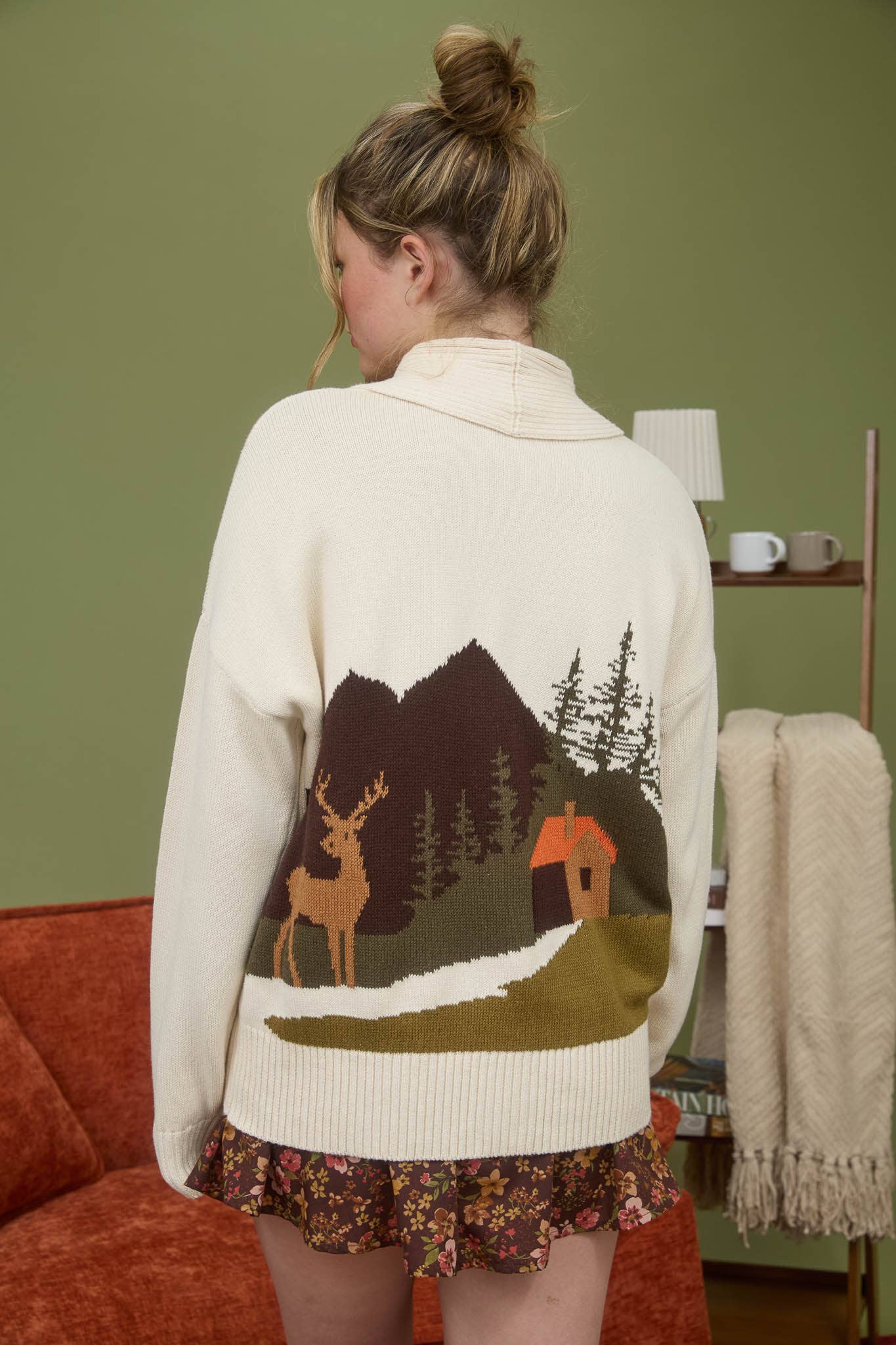 Unique Oatmeal Toggle Button Knit Cardigan with Camping Scene and Jacquard Collar