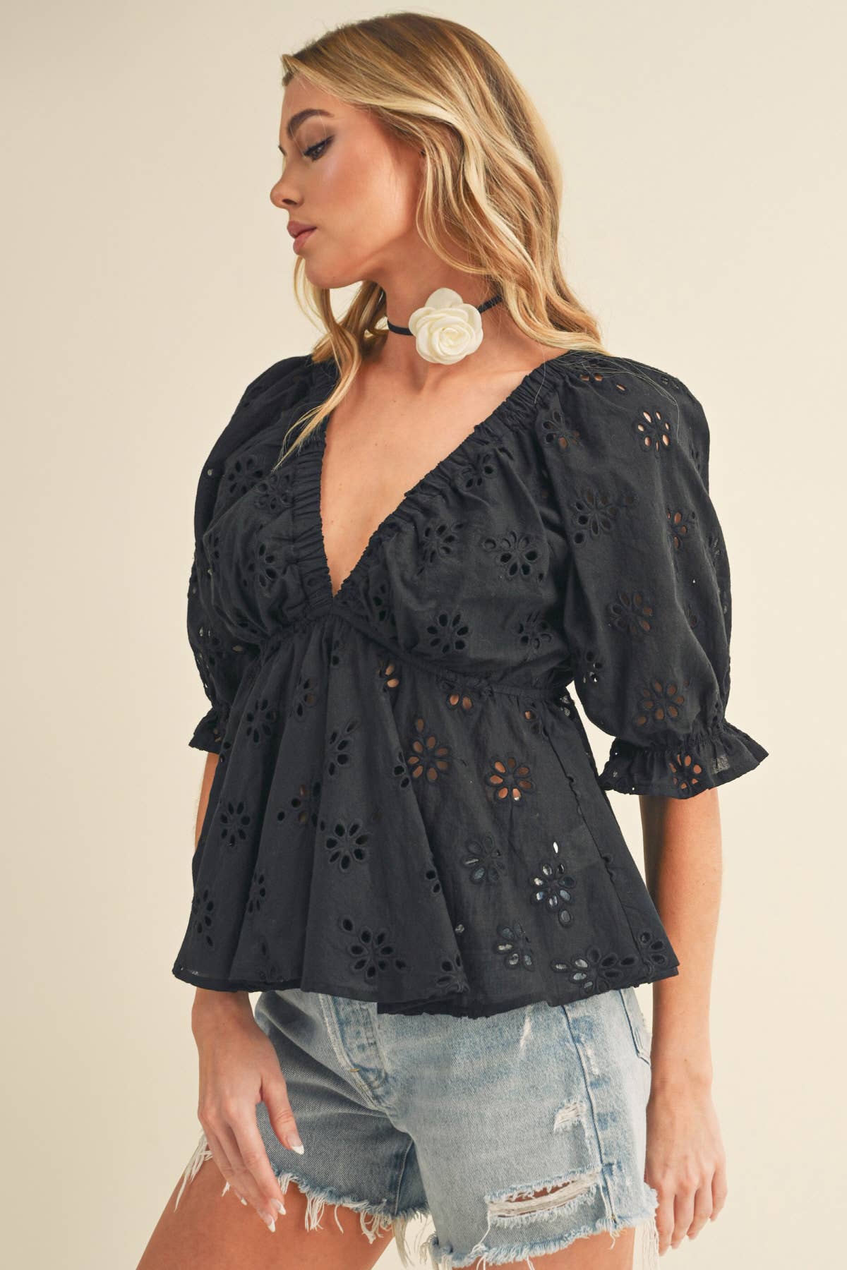 Black Hazle Eyelet Embroidered Top -148290