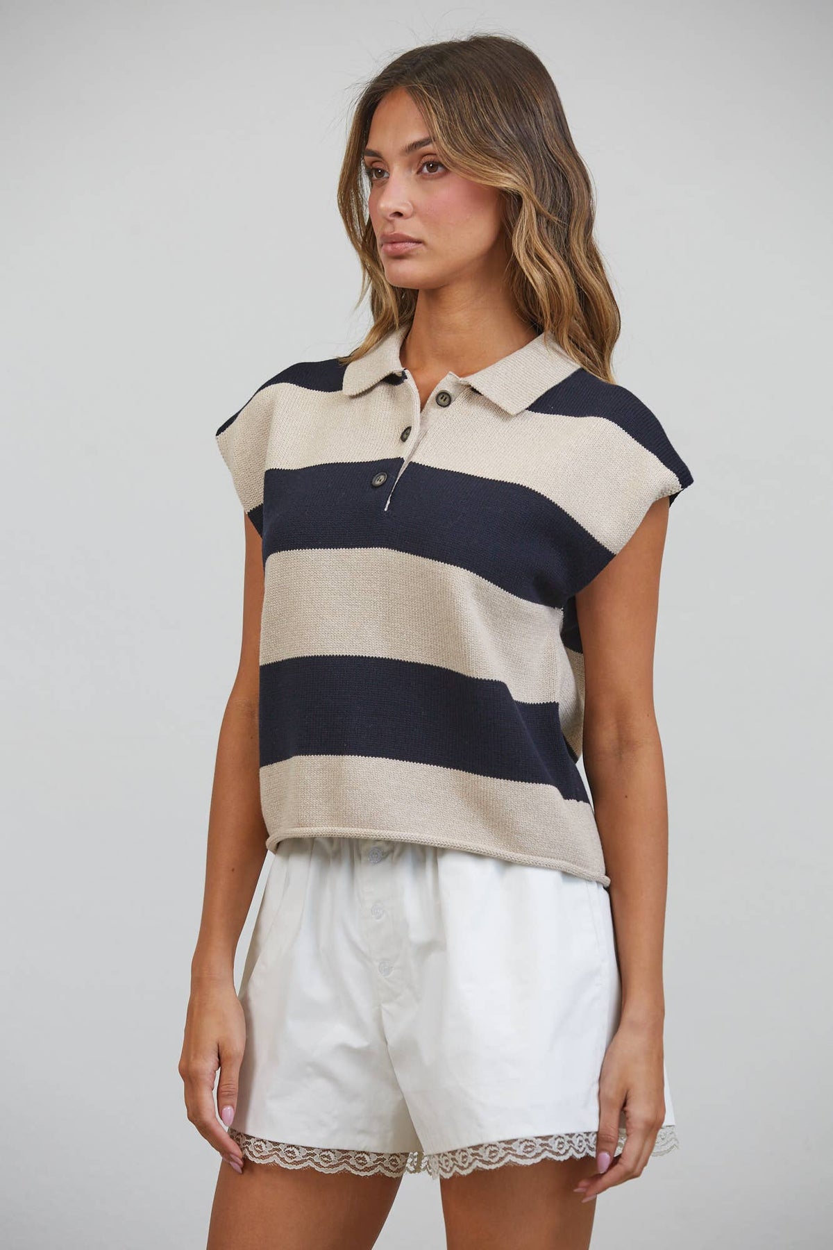 Beige & Black Striped Cotton Polo Sweater Top-145939