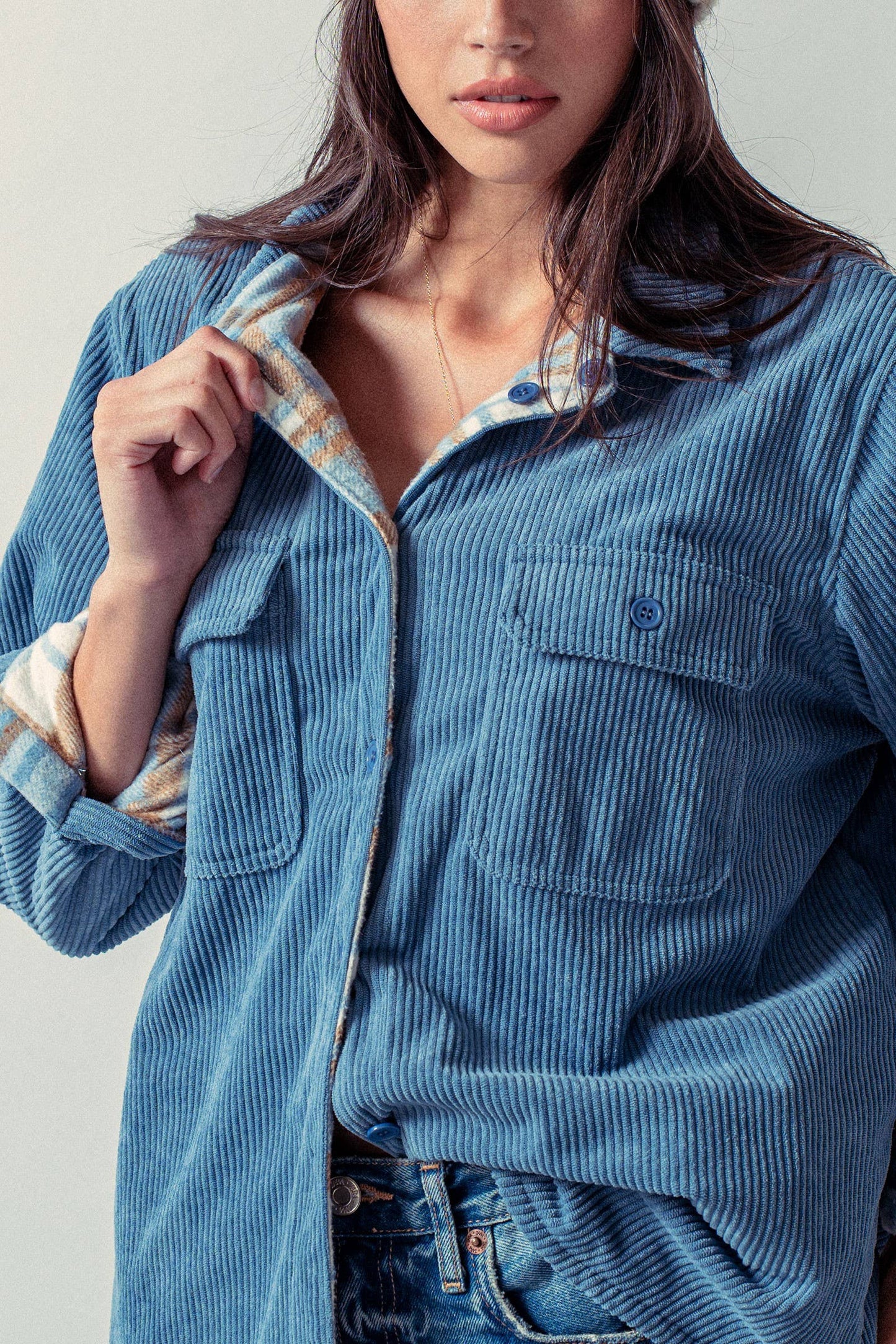 Soft Blue Corduroy with Plaid Flannel-Lined Shacket