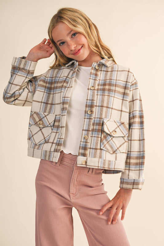 Tween Blue/Brown Wool Plaid Shacket