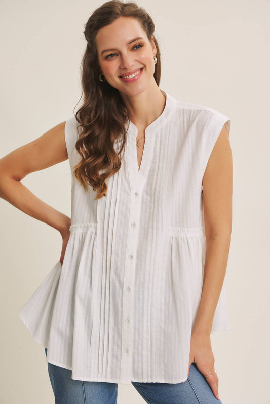 White Cotton Pleated Button Down Tunic Shirt- 142947