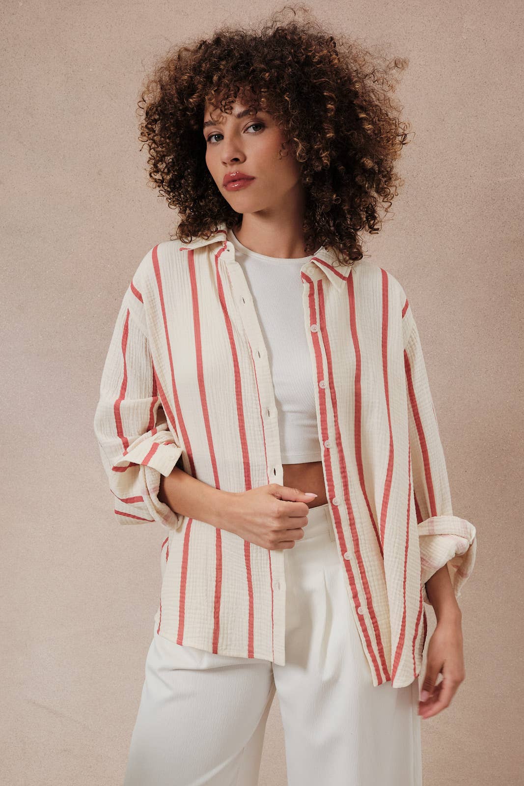 Cream and Red Stripe Dolman Long Sleeve Button Down Shirt-140647