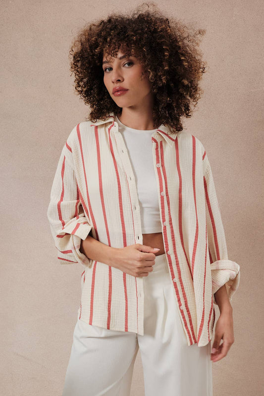 Cream and Red Stripe Dolman Long Sleeve Button Down Shirt-140647