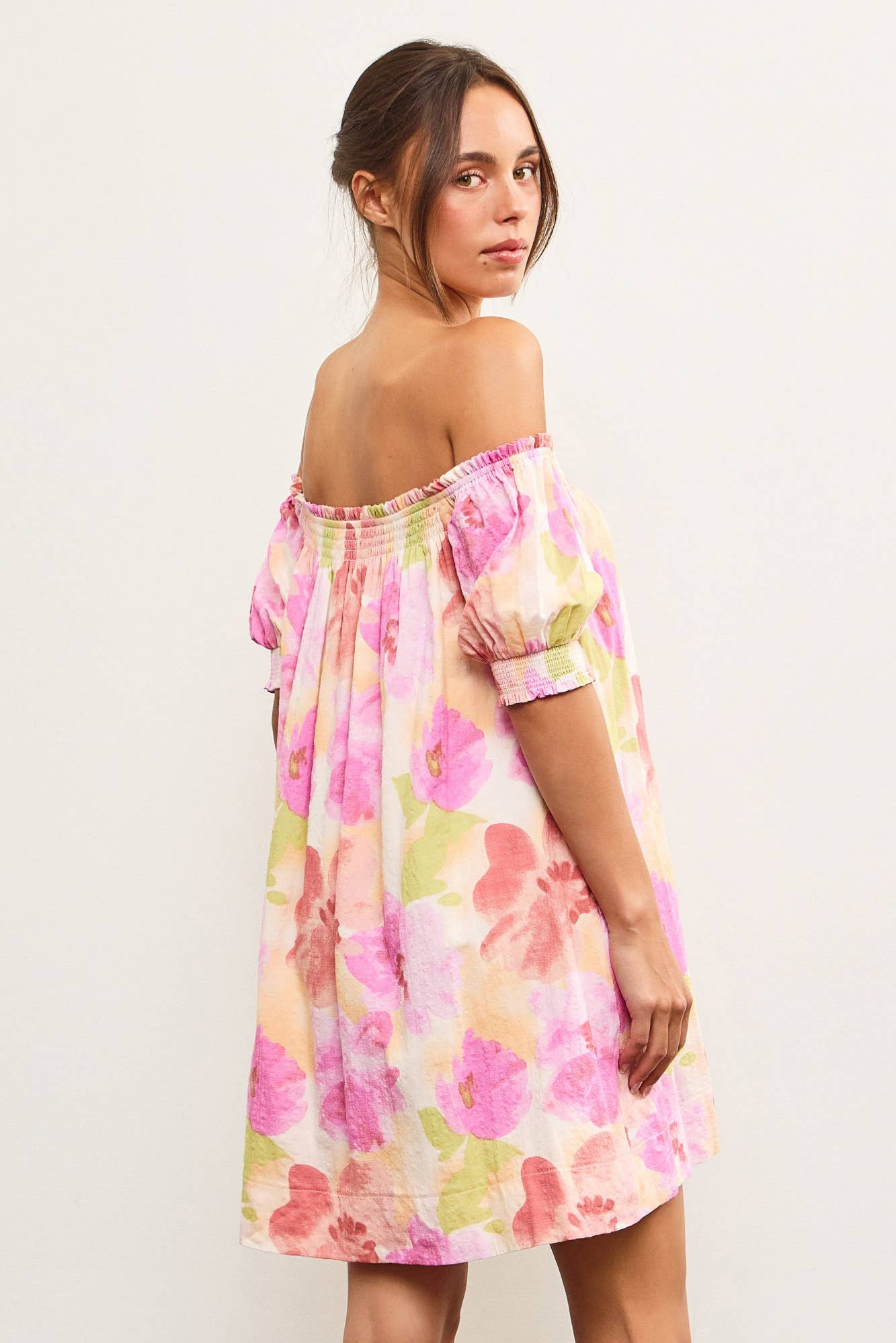 Pink Abstract Bloom Off-Shoulder Floral Dress-122482
