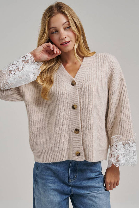 Oatmeal V-Neck Lace Cuff Cardigan-150428