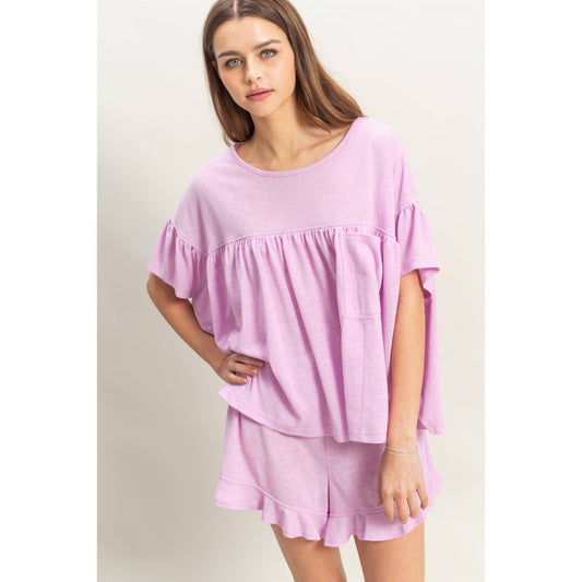 Soft Cotton Top And Flowy Shorts Set: LAVENDER PINK