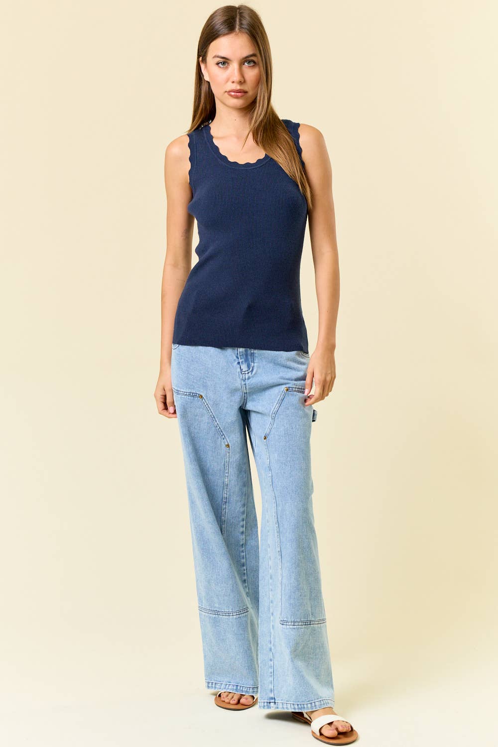 Navy Scalloped Scoop Neck Sleeveless Knit Sweater Top