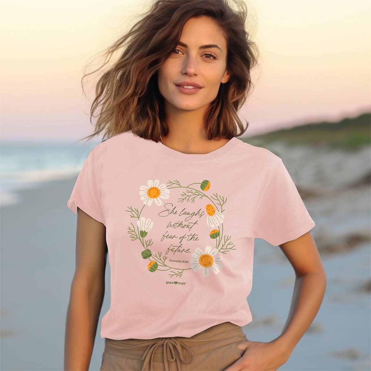 Blush Pink 'Laugh Daisies' Womens T-Shirt-106129