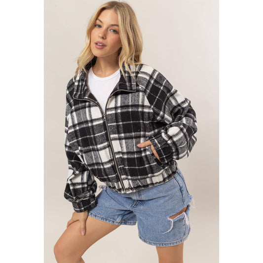 Soft Flannel Black Plaid Zip-Up  Moto Jacket