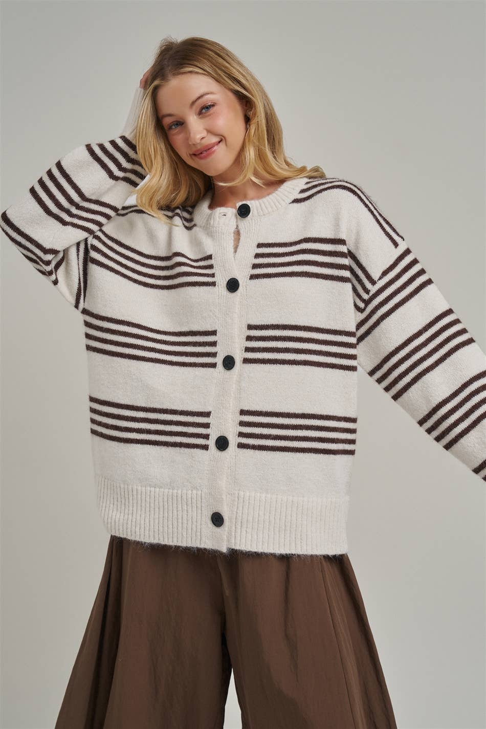 Ivory & Brown Oversized Striped Button-Down Cardigan-150316