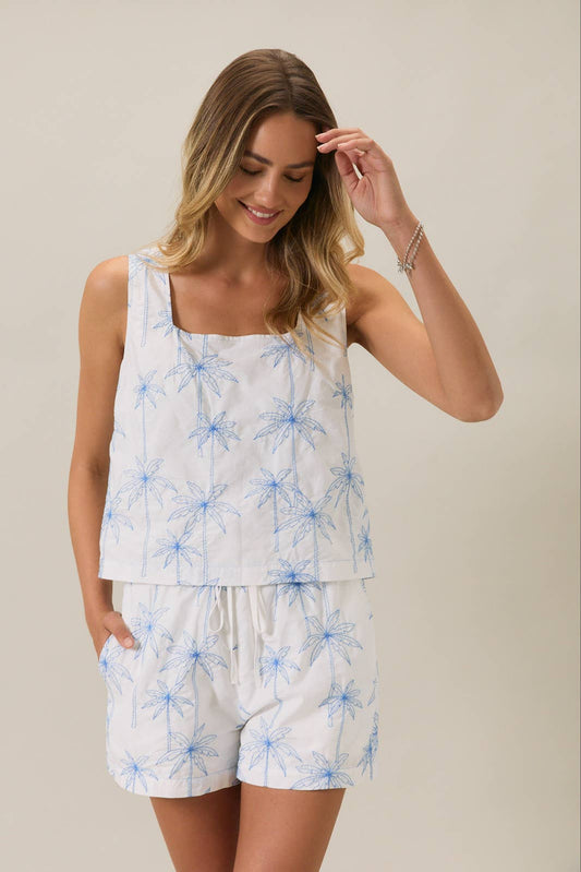 White w/ Blue Palm Trees Embroidred Detail Square Neck Top- 148026