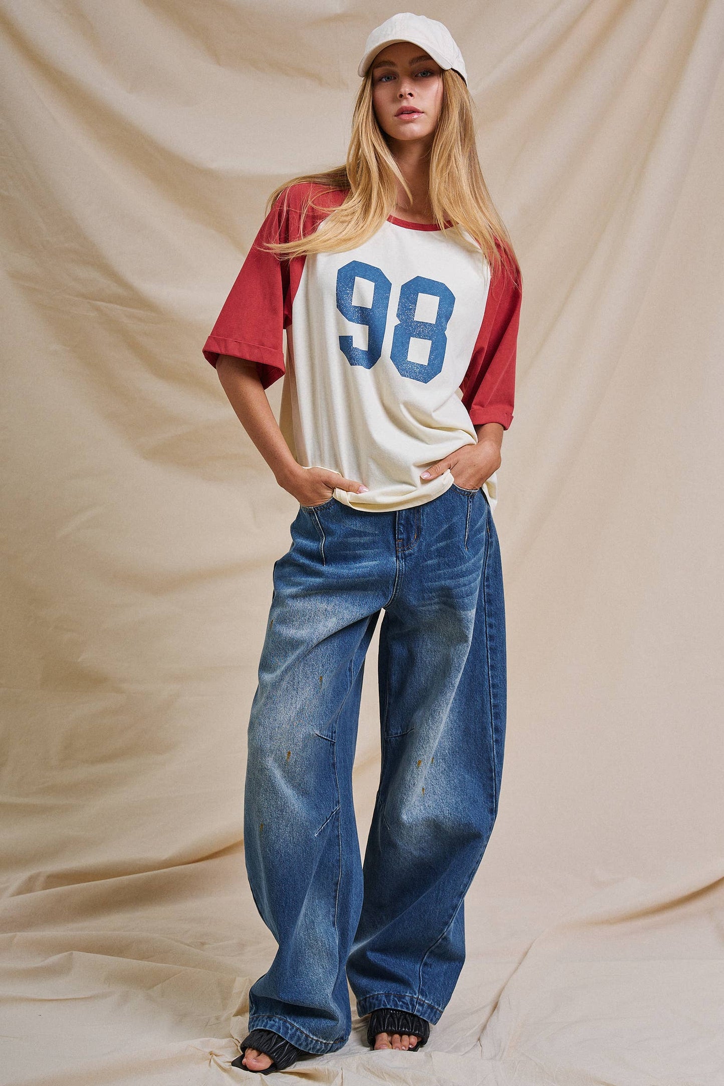 Ivory and Red Vintage Varsity  Cotton Baseball Tee - 141381