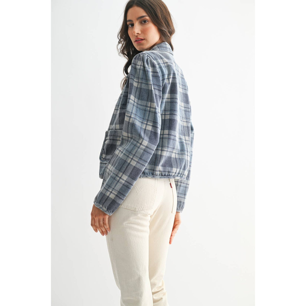 Blue Wash Denim Plaid Button-Front Jacket - 166324