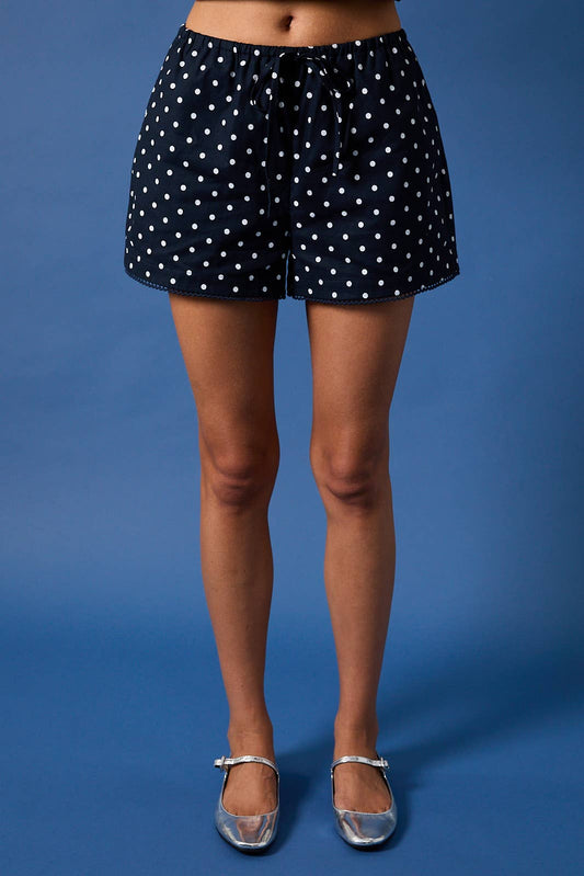Navy and White Polka Dot Linen Shorts w/ Picot Edge Trim-118136