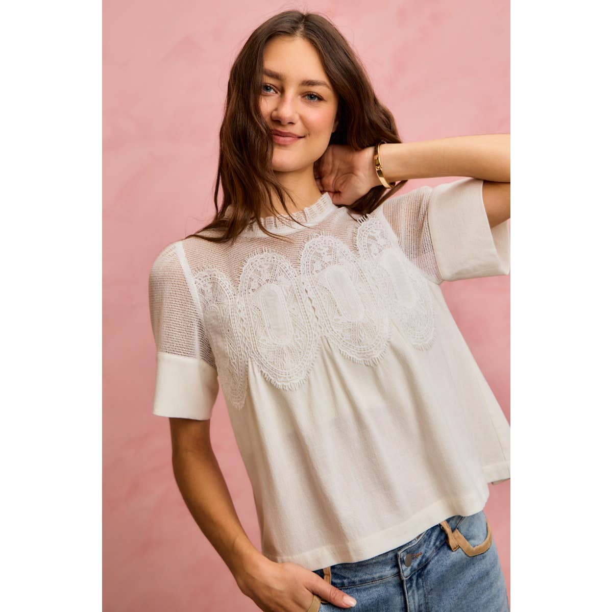 White Linen Blend Lace Trim Shirt-144039
