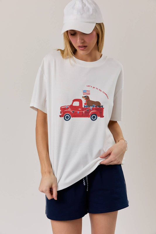 White USA Dog Car Graphic Print Tee-142111