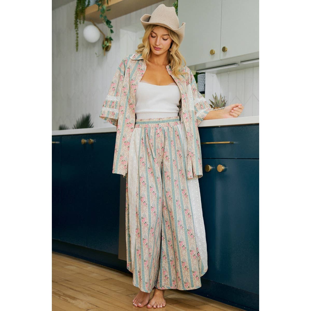 Teal w/ Pink Floral Eyelet Side Wide Leg Pants-141889