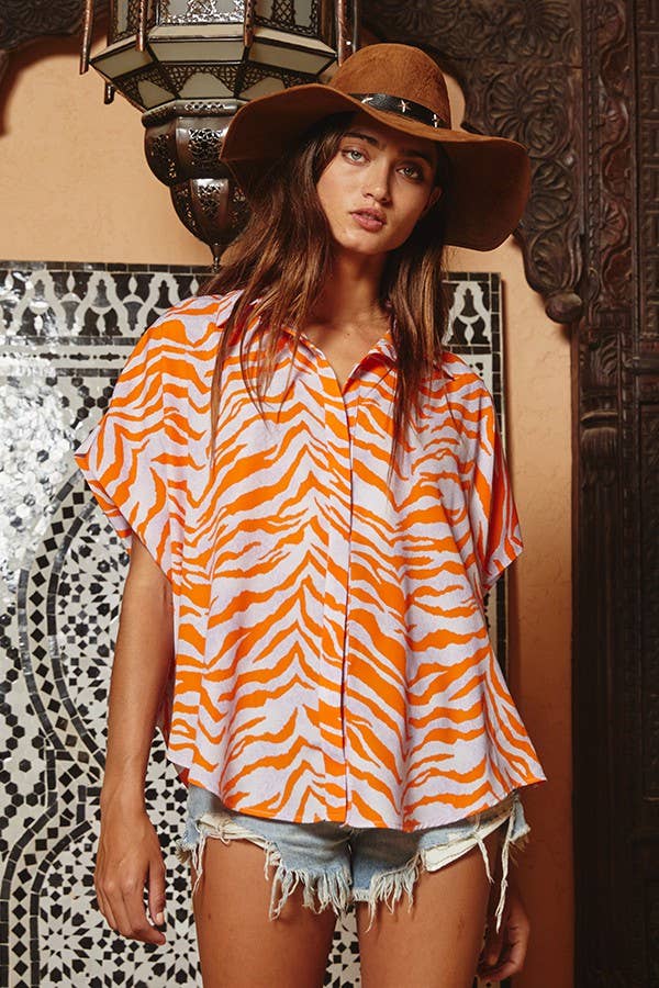 Orange and Lavender Zebra Print Button Up Blouse-121702