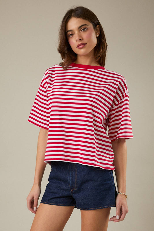 Red and White Stripe Boxy Tee w/ Cutout Open Tie Back-148088