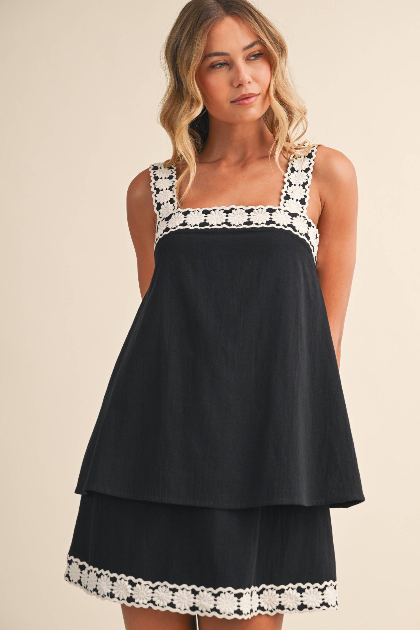 Black with White Detail Trim Linen Dress - 120145