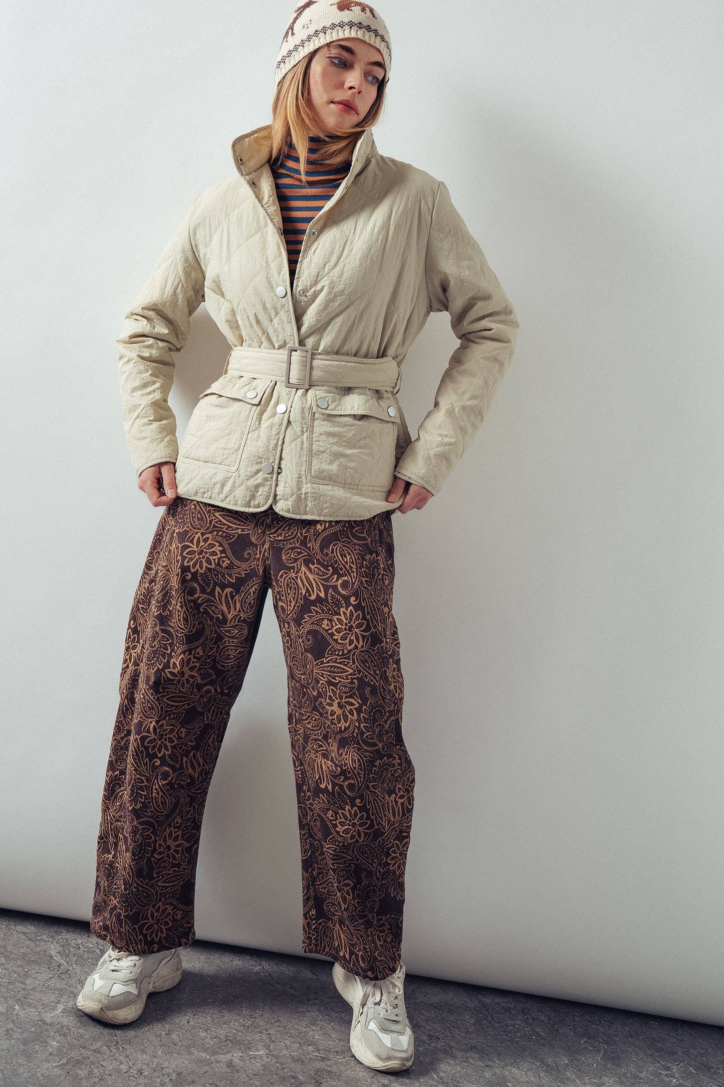 Lt Khaki Lauren Belted Diamond-Quilted Snap-Front Jacket