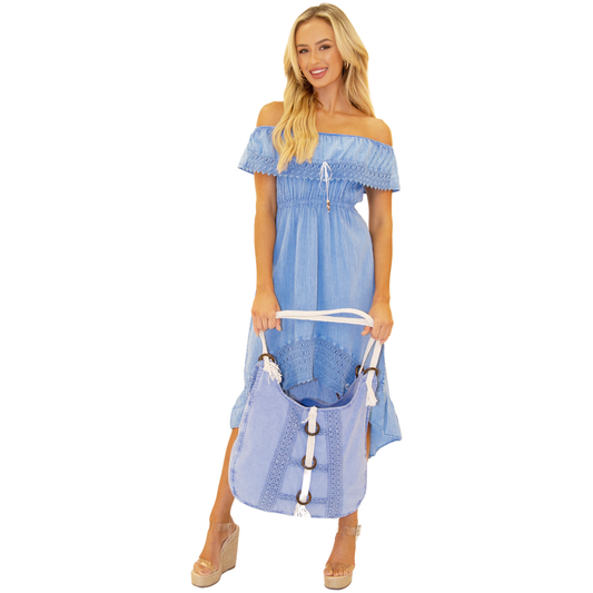 "Claudia' Blue Cotton with White Roping and Wood Detail Bag