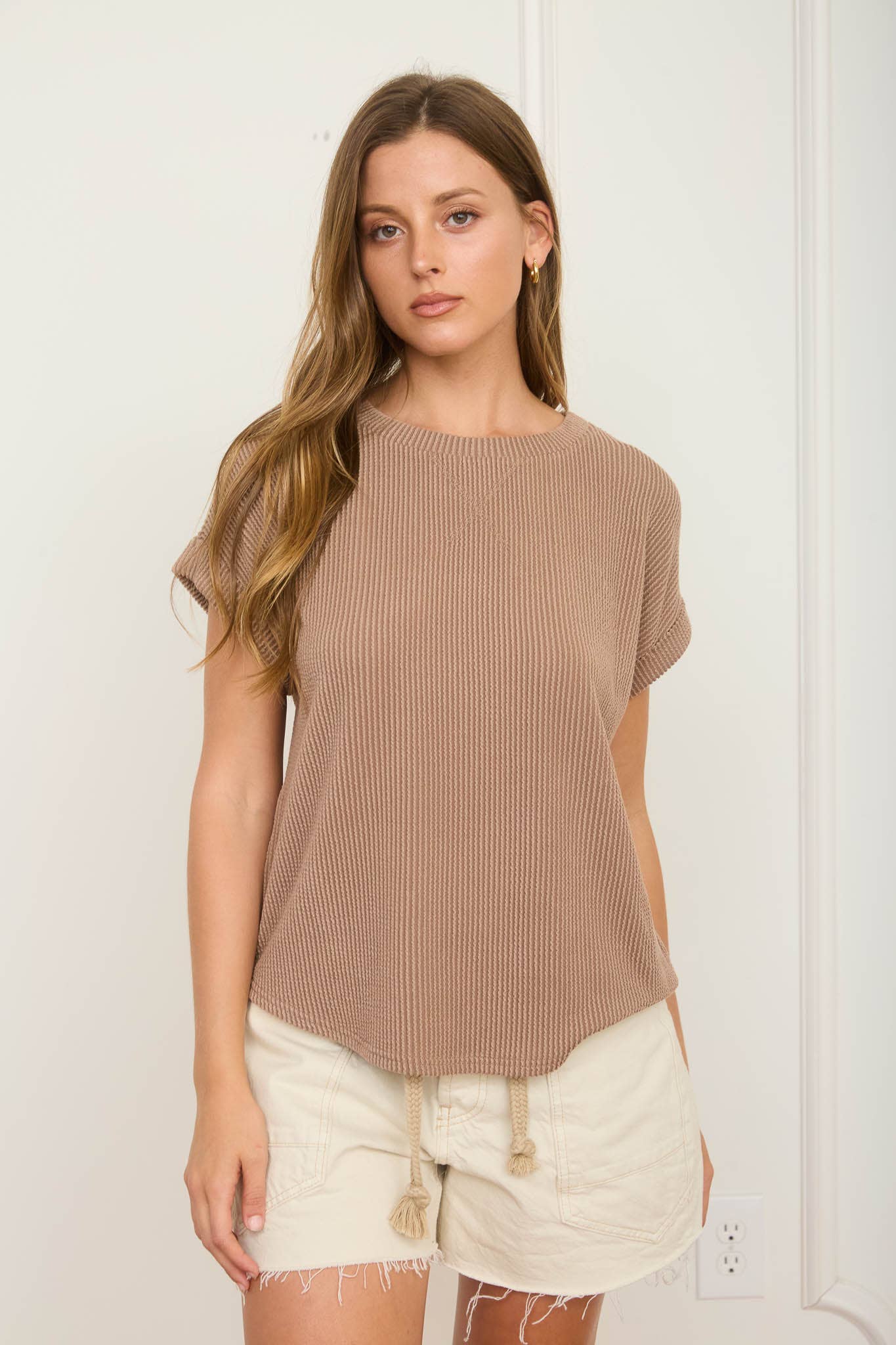 Mocha Ribbed Short Sleeve Top- 141019